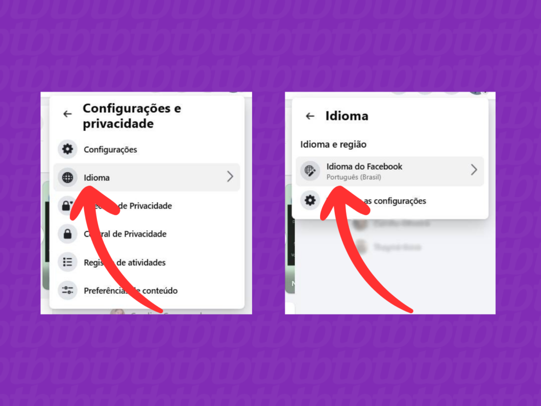 Captura de tela do site Facebook mostra como acessar as configura&ccedil;&otilde;es de idioma