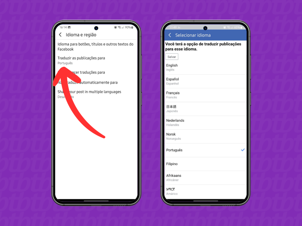 Captura de tela do app Facebook mostra como selecionar o idioma da ferramenta de tradu&ccedil;&atilde;o