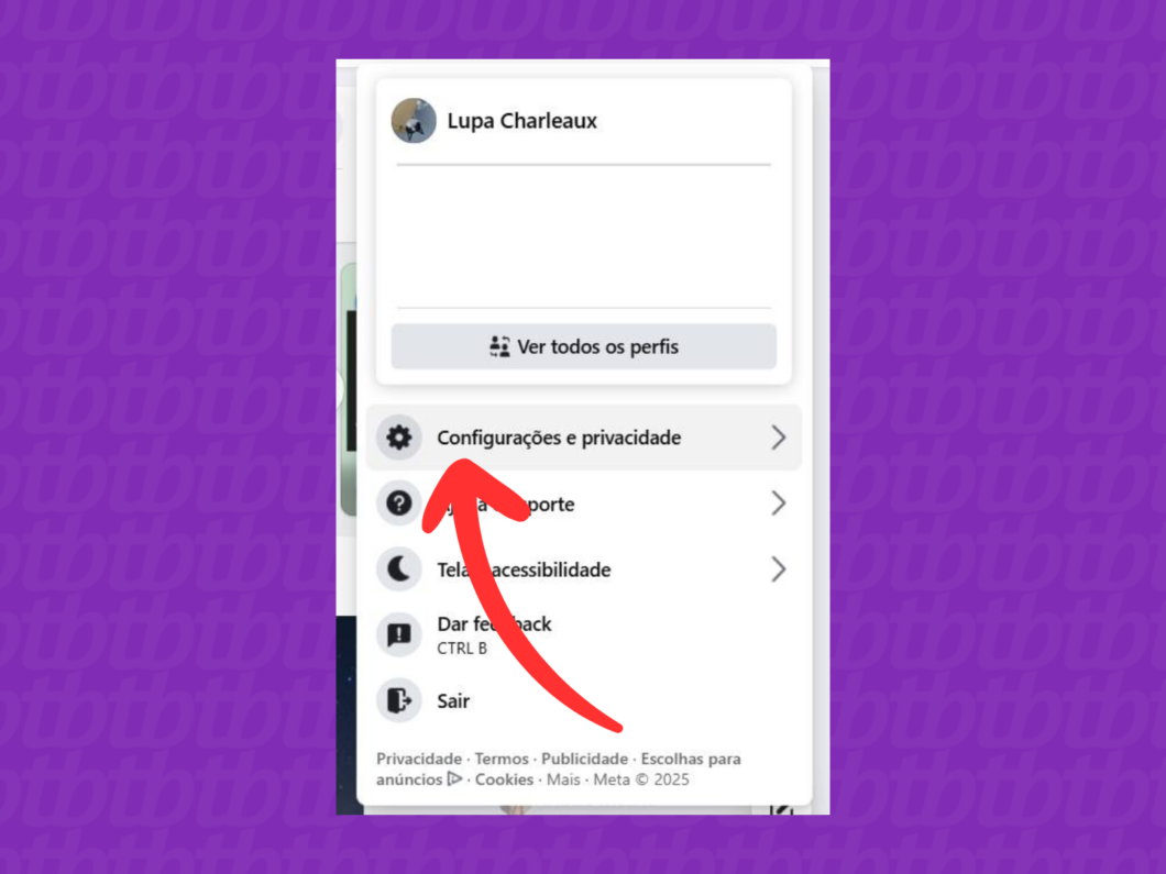 Captura de tela do site Facebook mostra como abrir o menu Configura&ccedil;&otilde;es e privacidade