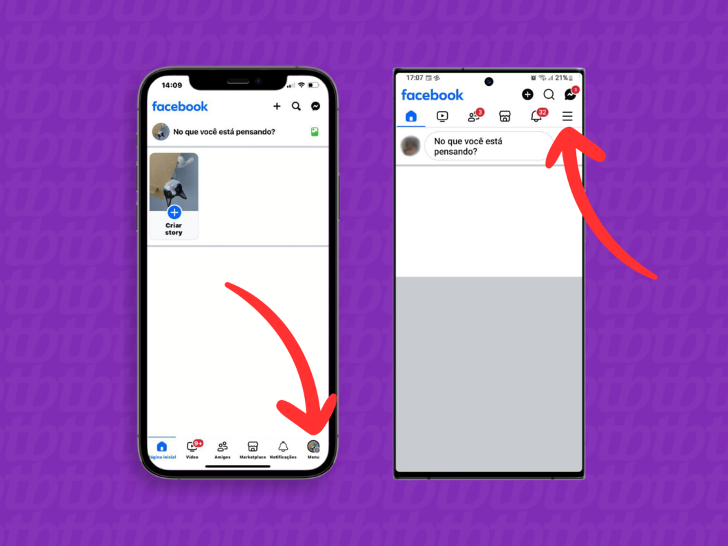 Captura de tela do app Facebook mostra como abrir o menu principal