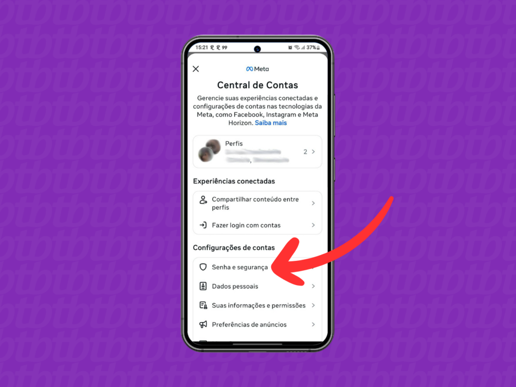 Captura de tela do app Facebook mostra como acessar o menu Senha e Seguran&ccedil;a