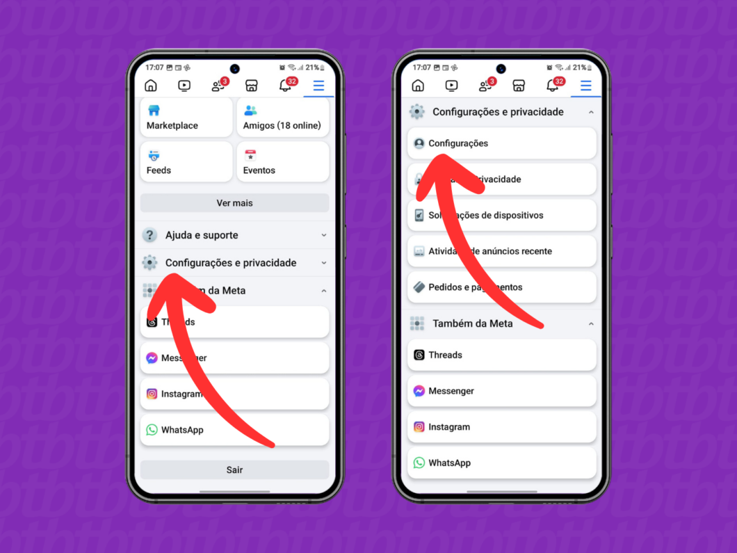 Captura de tela do app Facebook mostra como acessar as configura&ccedil;&otilde;es