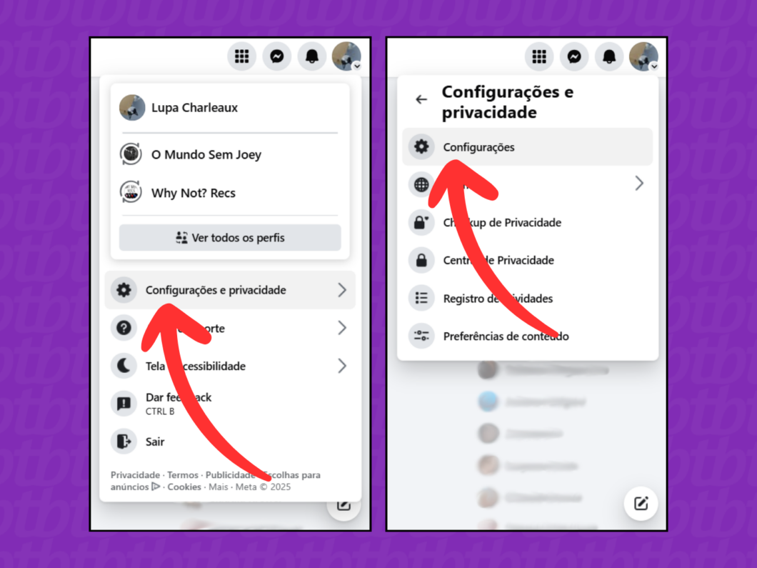 Captura de tela do site Facebook mostra como acessar as configura&ccedil;&otilde;es