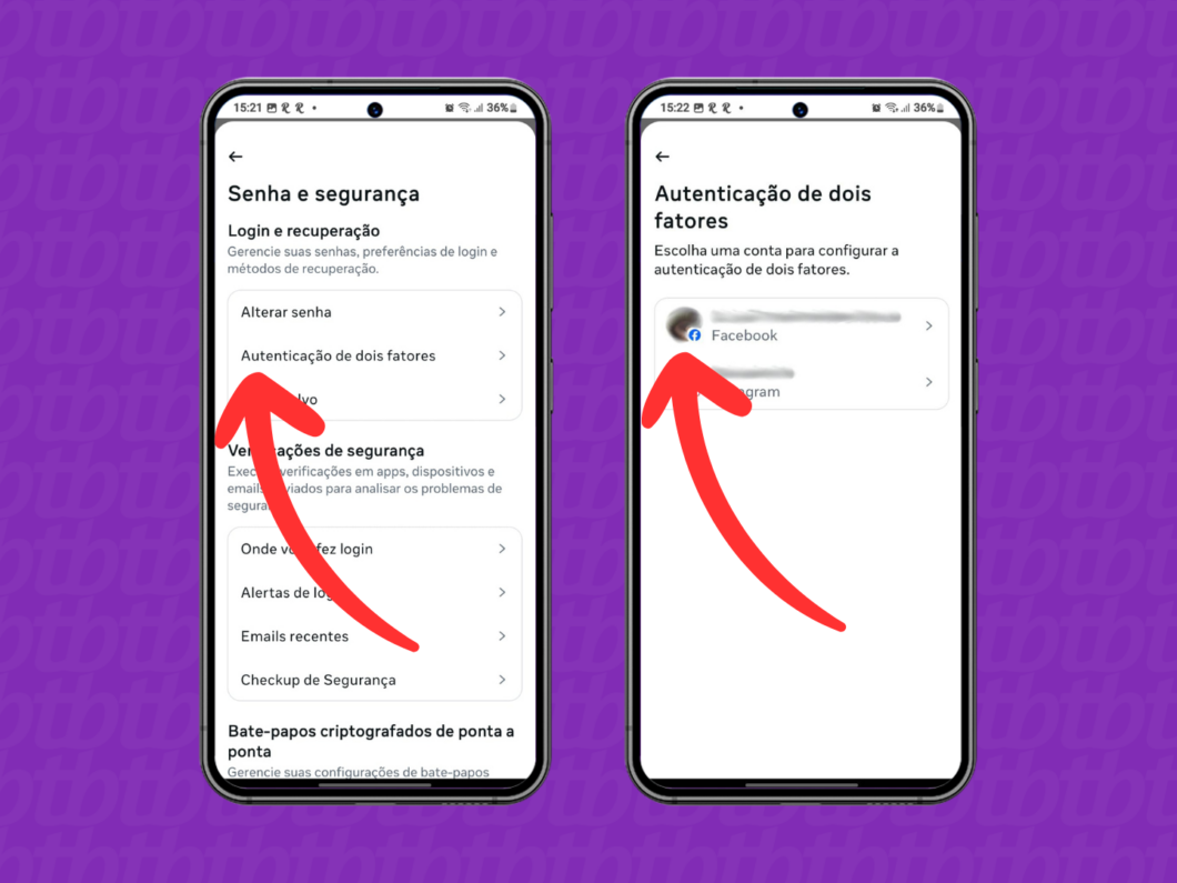 Captura de tela do app Facebook mostra como acessar o menu Autentica&ccedil;&atilde;o de dois fatores e selecionar o perfil