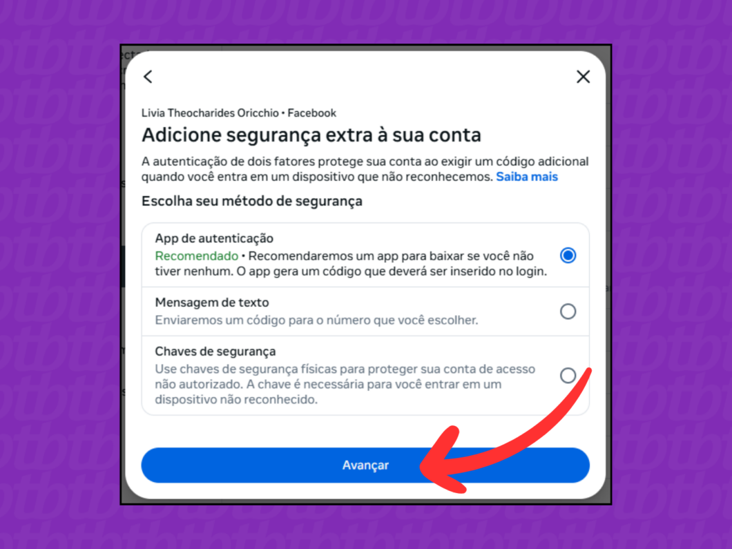 Captura de tela do site Facebook mostra como selecionar o m&eacute;todo de seguran&ccedil;a de autentica&ccedil;&atilde;o de dois fatores