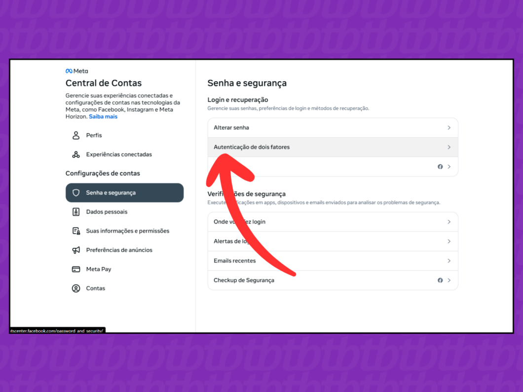 Captura de tela do site Facebook mostra como acessar o menu Autentica&ccedil;&atilde;o de dois fatores