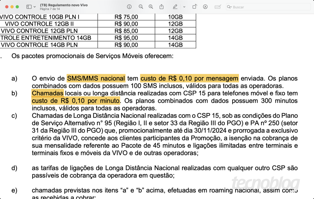 Print de documento em PDF no qual se l&ecirc;: "Os pacotes promocionais de Servi&ccedil;os M&oacute;veis oferecem: O envio de SMS/MMS nacional tem custo de R$ 0,10 por mensagem enviada. Os planos combinados com dados possuem 100 SMS inclusos, v&aacute;lidos para todas as operadoras. Chamadas locais ou longa dist&acirc;ncia realizadas com CSP 15 para telefones m&oacute;vel e fixo tem custo de R$ 0,10 por minuto. Os planos combinados com dados possuem 300 minutos inclusos, v&aacute;lidos para todas as operadoras. Chamadas de Longa Dist&acirc;ncia Nacional realizadas com o CSP 15, sob as condi&ccedil;&otilde;es do Plano de Servi&ccedil;o Alternativo n&deg; 95 (Regi&atilde;o I, Il e setor 33 da Regi&atilde;o III do PGO) e PA n&deg; 250 (setor 31 da Regi&atilde;o III do PGO) que, promocionalmente at&eacute; dia 30/11/2024 e prorrogada a exclusivo crit&eacute;rio da VIVO, concede aos clientes participantes da Promo&ccedil;&atilde;o, a isen&ccedil;&atilde;o na cobran&ccedil;a de sua mensalidade referente ao Pacote de 45 minutos e liga&ccedil;&otilde;es ilimitadas entre terminais e terminais fixos e m&oacute;veis da VIVO e de outras operadoras; as tarifas de liga&ccedil;&otilde;es de Longa Dist&acirc;ncia Nacional realizadas com qualquer outro CSP s&atilde;o pass&iacute;veis de cobran&ccedil;a da operadora em quest&atilde;o;"