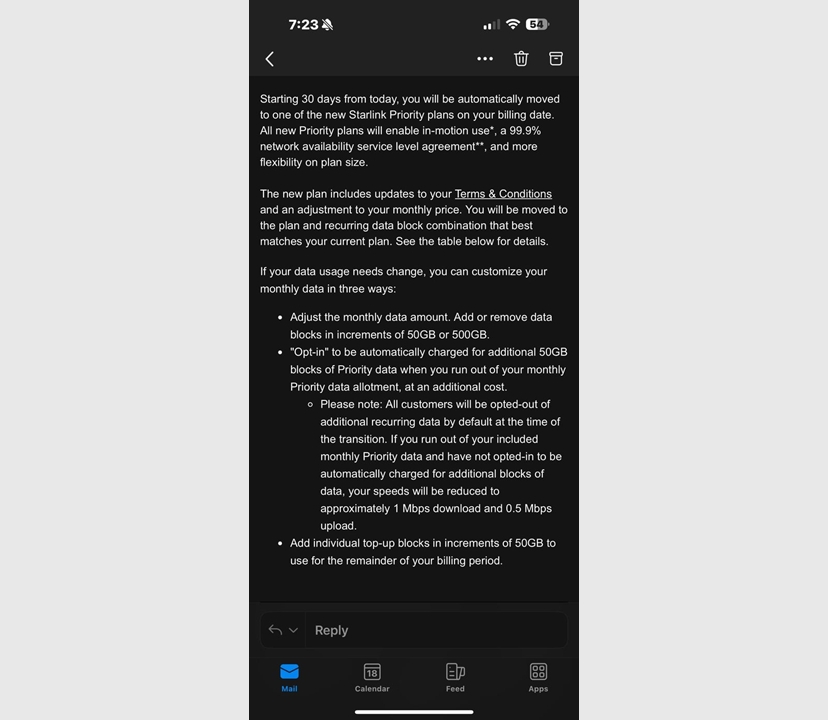 E-mail da Starlink comunicando sobre a mudan&ccedil;a nos planos priorit&aacute;rios
