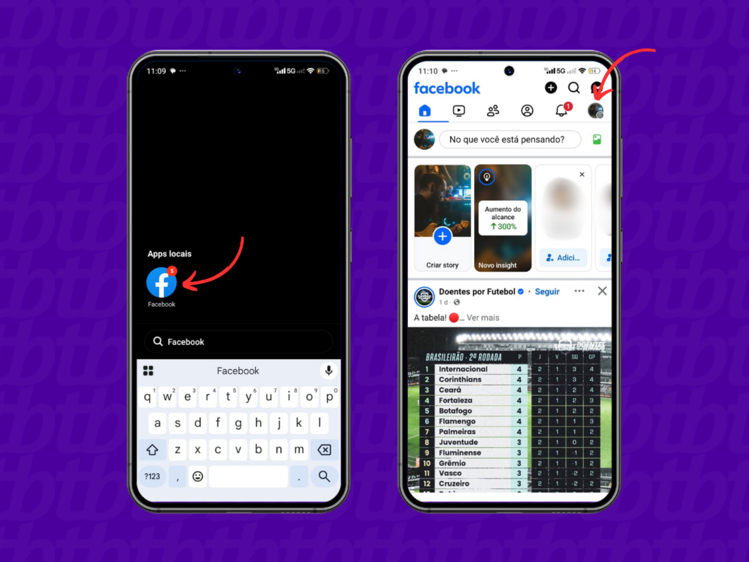 Entrando no menu de perfil do Facebook