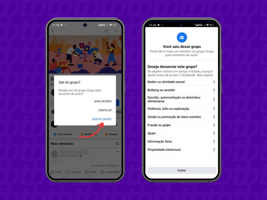 Confirmando a sa&iacute;da de grupo no Facebook