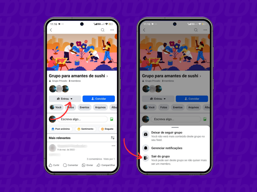 Deixando um grupo do Facebook pelo celular