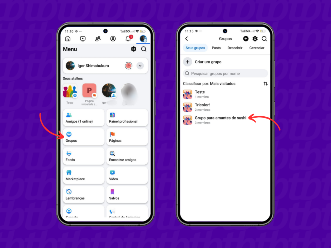 Acessando a guia de grupos do Facebook via celular