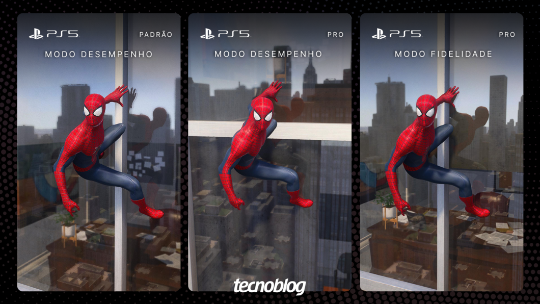 Imagem comparativa do jogo Spider-Man 2 no console PlayStation 5 Pro e PlayStation 5