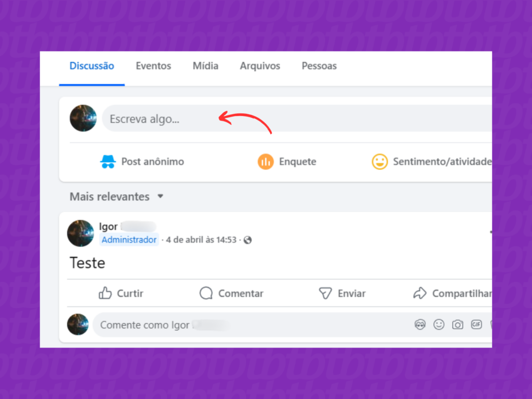 Iniciando um novo post no grupo do Facebook