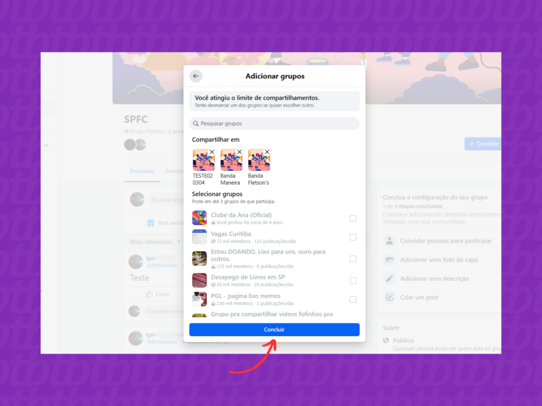Adicionando grupos à publicação do Facebook