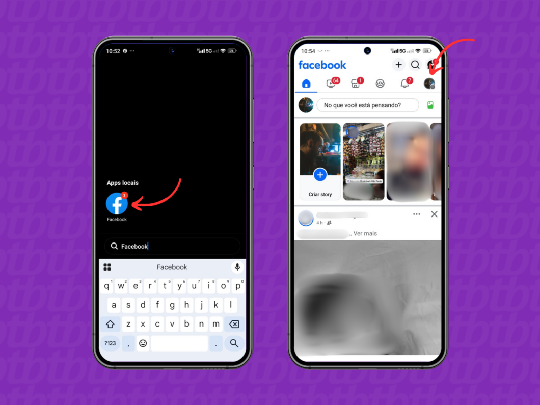 Entrando no menu de perfil do Facebook pelo celular