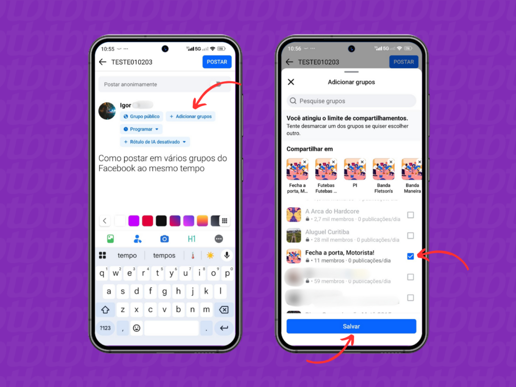 Adicionando múltiplos grupos do Facebook ao post