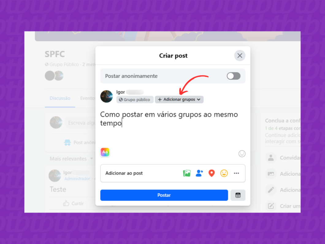 Adicionando grupos ao post no Facebook