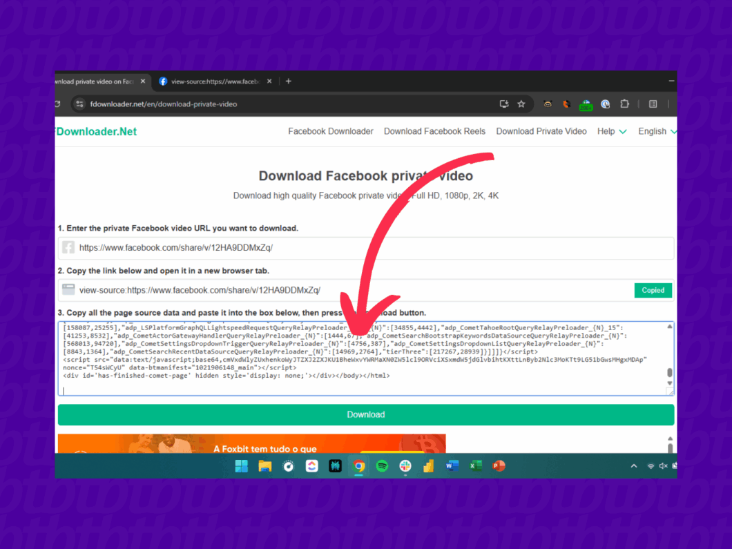 O site FDownloader exibe o campo “3” com o código-fonte do vídeo colado. O botão “Download” está em destaque logo abaixo do campo de texto.