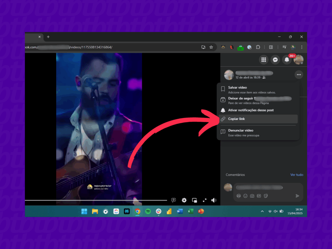 Captura de tela de um vídeo privado no Facebook com o cursor posicionado sobre o botão de copiar o link.