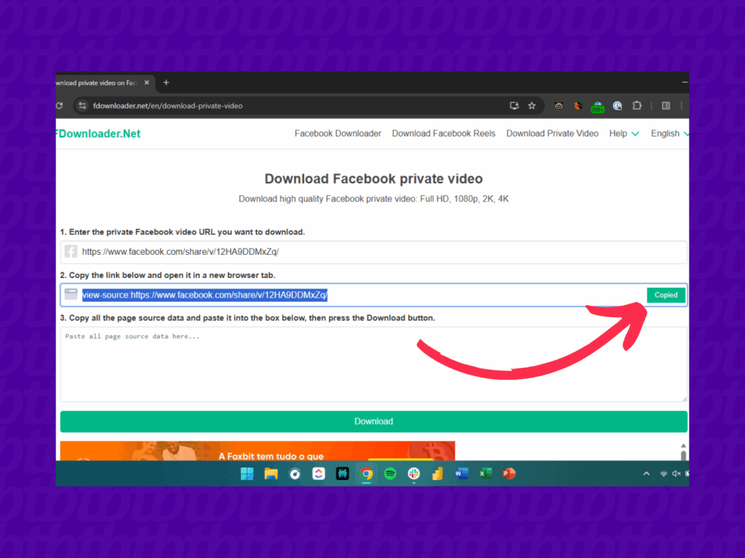Interface do FDownloader com o link do vídeo colado no campo “1”. O botão “Copied” está selecionado com o cursor.