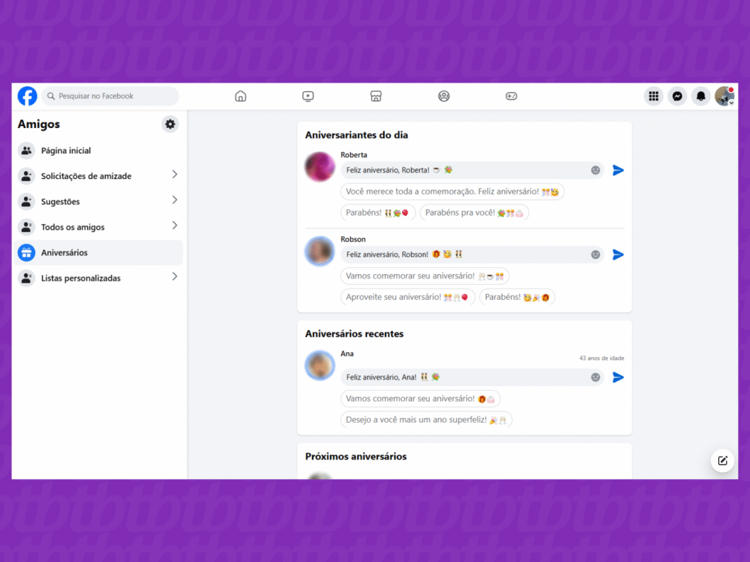 Vendo a lista de aniversariantes do dia no Facebook