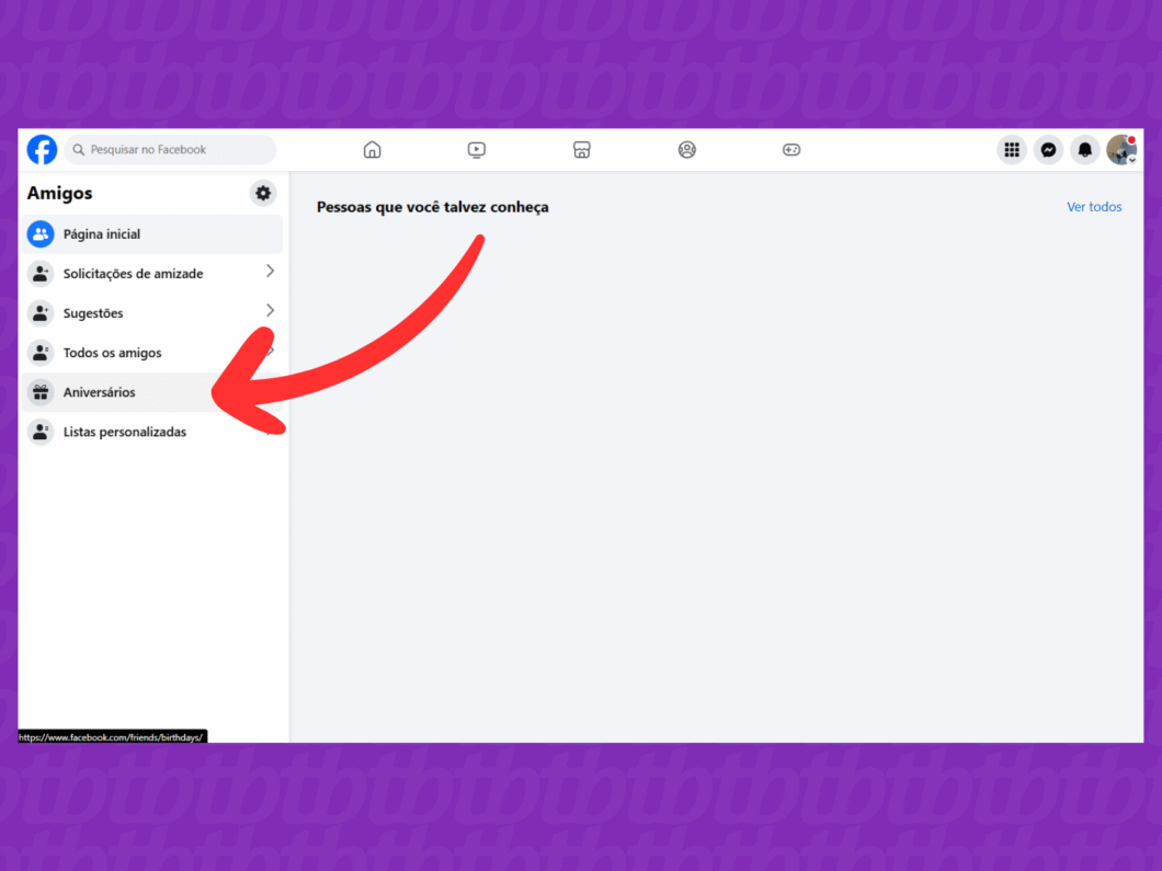 Selecionando a opção "Aniversários"