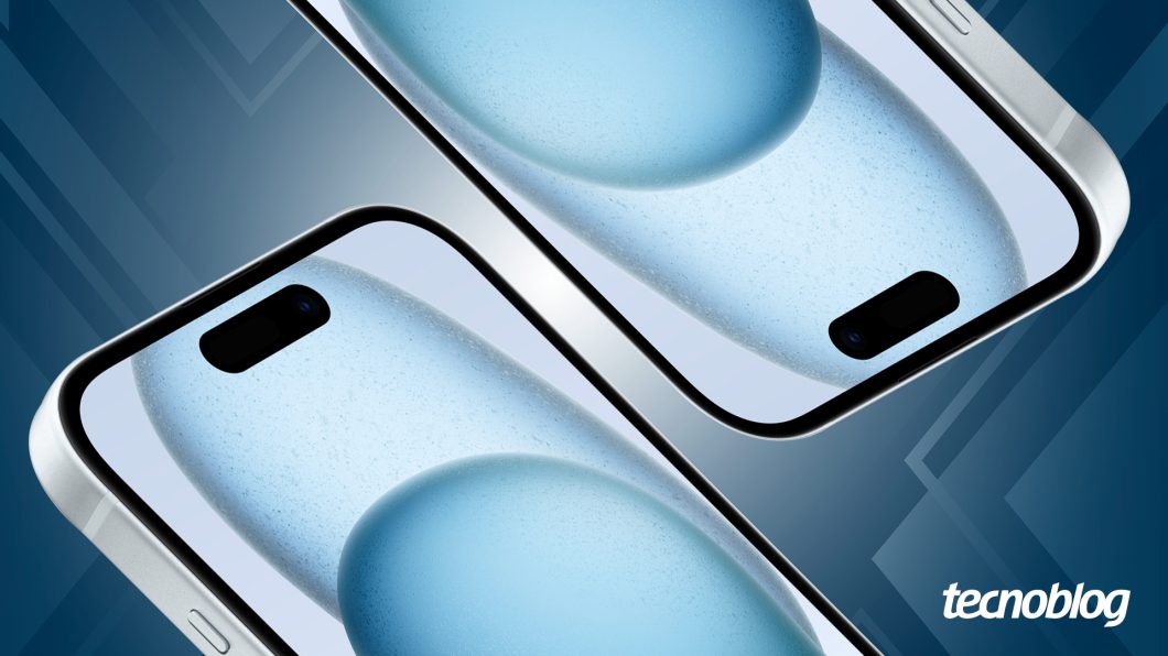Ilustra&ccedil;&atilde;o mostra dois iPhones com as telas uma sobre a outra. O fundo imagem &eacute; azul. Na parte inferior direita, est&aacute; o logo do Tecnoblog.