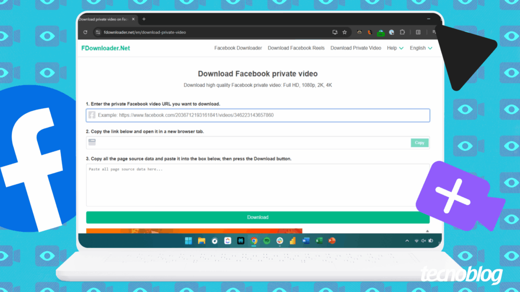 Captura de tela da ferramenta de download de vídeos privados do Facebook.
