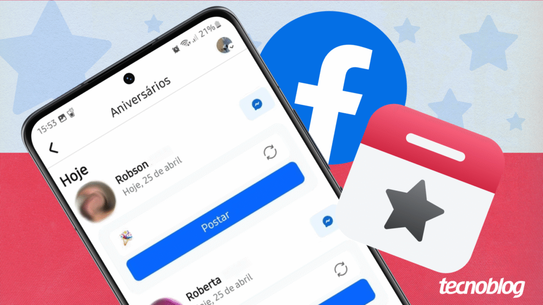 Ilustração do Facebook mostra a tela Aniversários