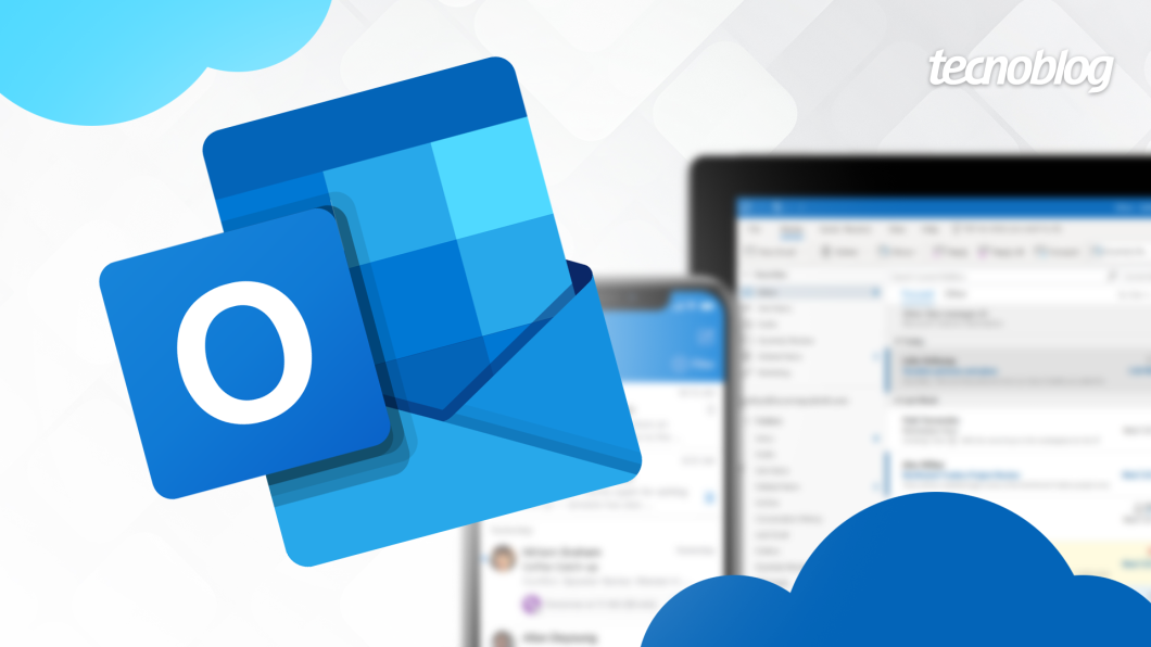 Ilustra&ccedil;&atilde;o apresenta o logotipo do Microsoft Outlook. Na parte superior direita, o logo do "Tecnoblog" &eacute; vis&iacute;vel.