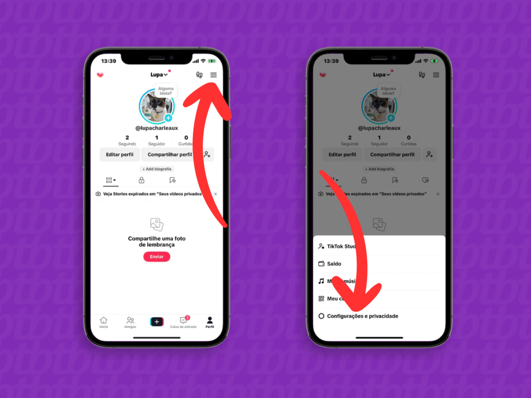 Abrindo o menu "Configurações e privacidade"