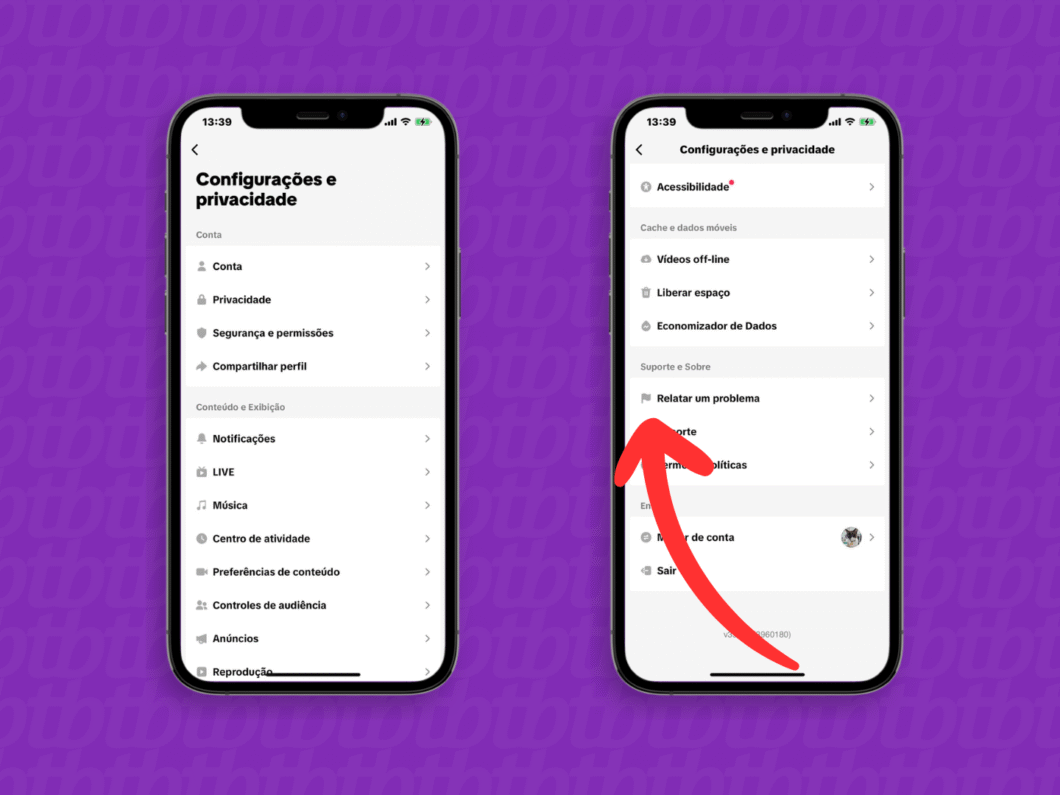 Selecionando a opção "Relatar um problema"