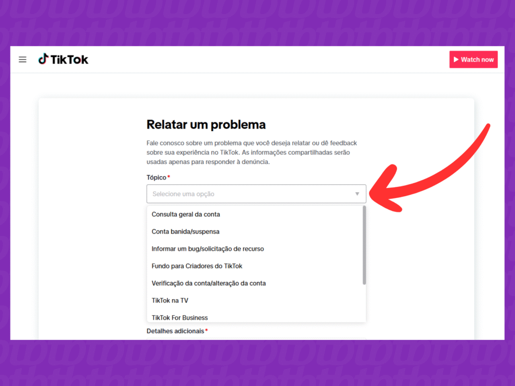 Selecionando o tópico do contato com o suporte do TikTok