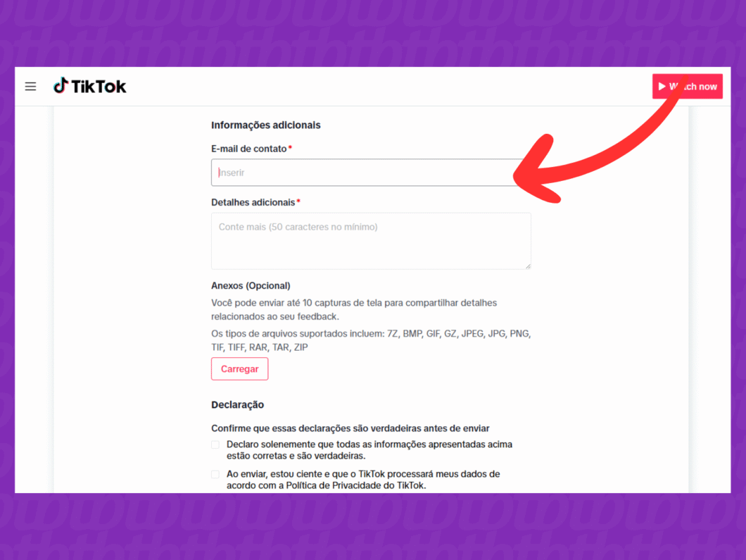 Preenchendo o campo "E-mail de contato"