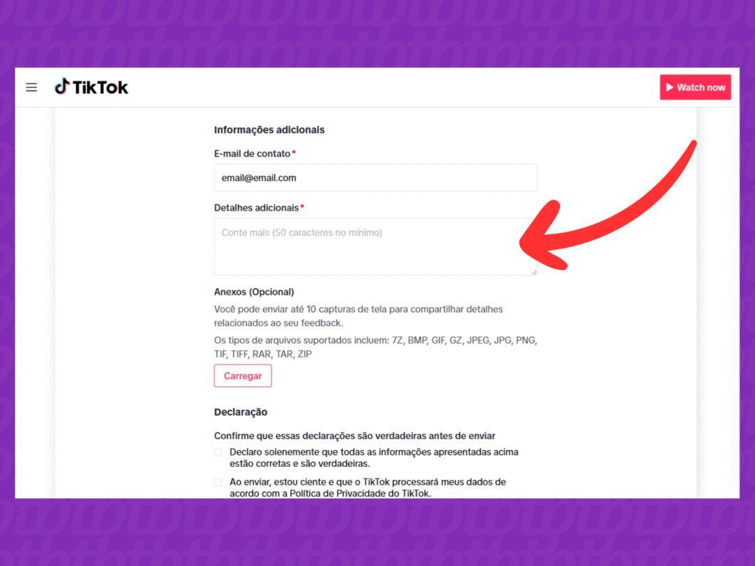 Escrevendo o motivo do contato com o suporte do TikTok
