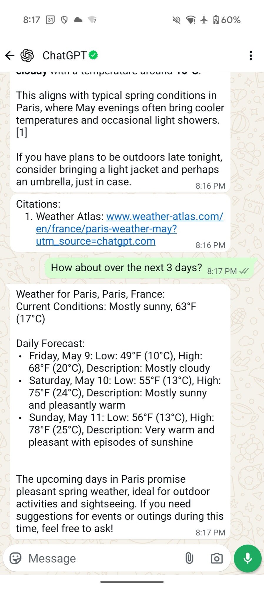 Chatgpt no WhatsApp Weather