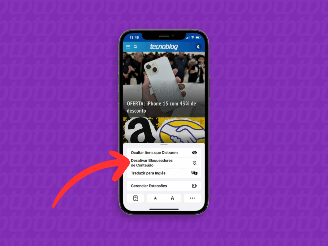 Selecionando a op&ccedil;&atilde;o "Desativar bloqueadores de Conte&uacute;do" no Safari