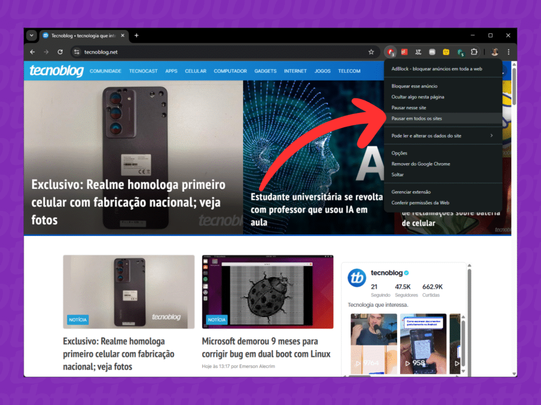 Ativando a op&ccedil;&atilde;o "Pausar em todos os sites"