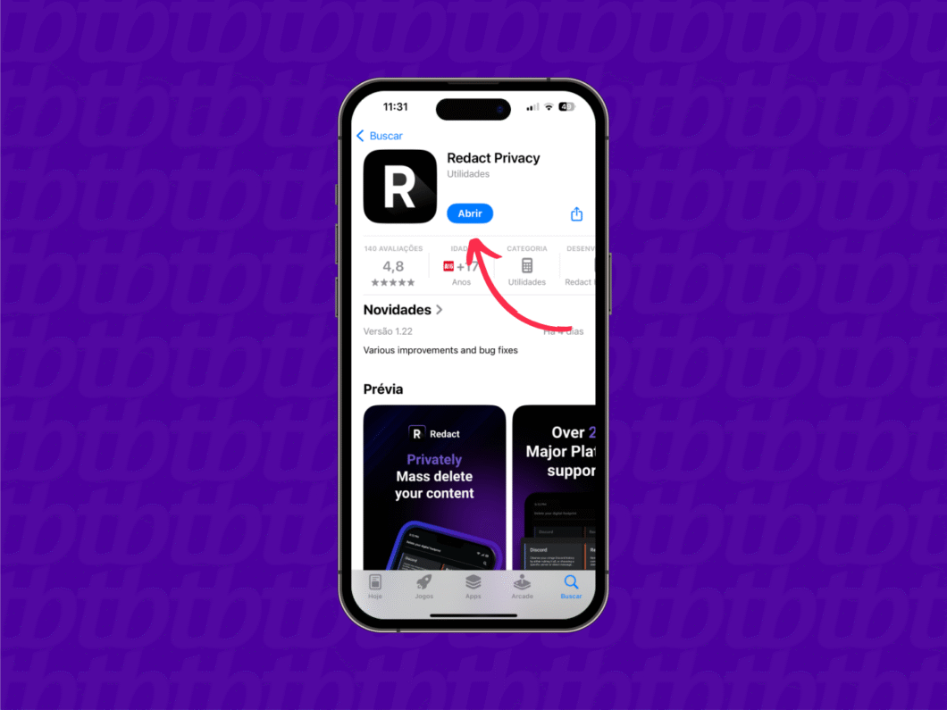 Tela do iPhone exibindo a p&aacute;gina do app Redact Privacy na App Store, com bot&atilde;o &ldquo;Abrir&rdquo; em destaque.