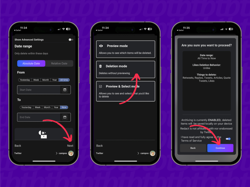 Tr&ecirc;s telas do app Redact no iPhone. A primeira define intervalo de datas, a segunda escolhe o modo de exclus&atilde;o e a terceira confirma os dados antes de prosseguir.