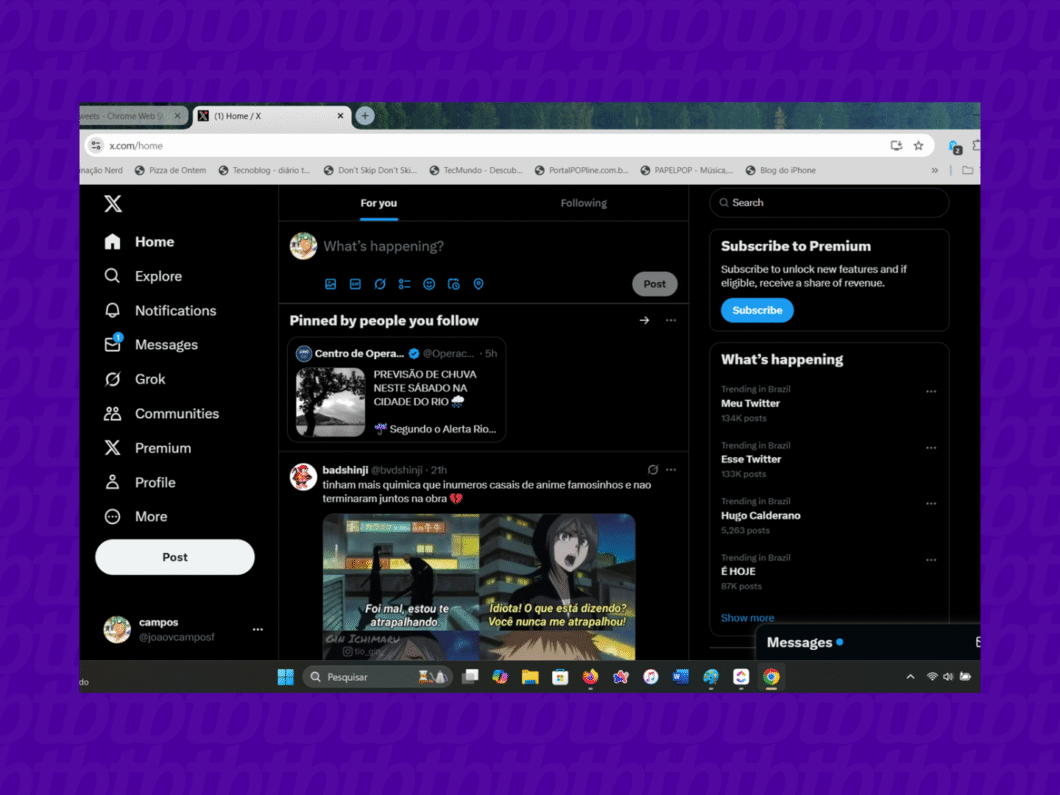 Interface do X (Twitter) aberta no navegador Chrome, com feed e barra lateral exibindo se&ccedil;&otilde;es como Home, Explore e Notifications.