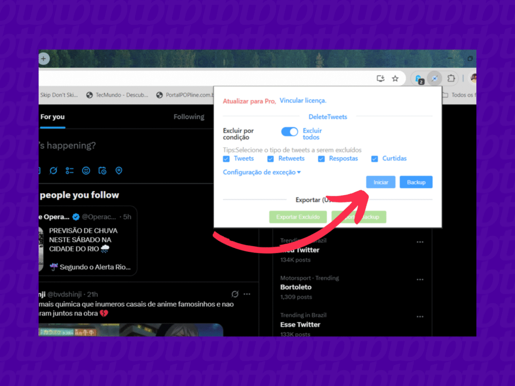 Tela do X (Twitter) com a extens&atilde;o DeleteTweets pronta para iniciar a exclus&atilde;o, bot&atilde;o &ldquo;Iniciar&rdquo; destacado em azul.