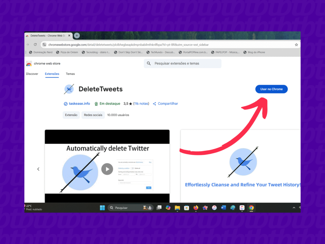 Tela da Chrome Web Store exibindo a extens&atilde;o DeleteTweets com bot&atilde;o &ldquo;Usar no Chrome&rdquo; em destaque.