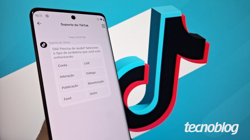 Imagem mostra o celular exibindo a tela "Suporte do TikTok"