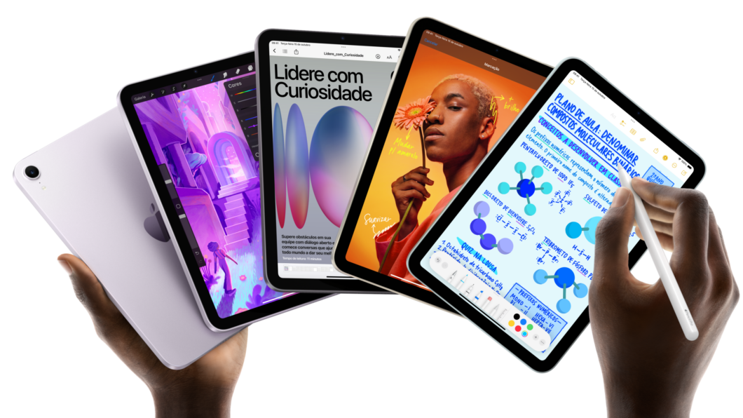 iPad Mini em quatro cores: azul, roxo, estelar e cinza espacial