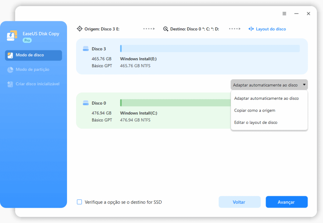 Escolhendo a unidade de origem de origem no EaseUS Disk Copy