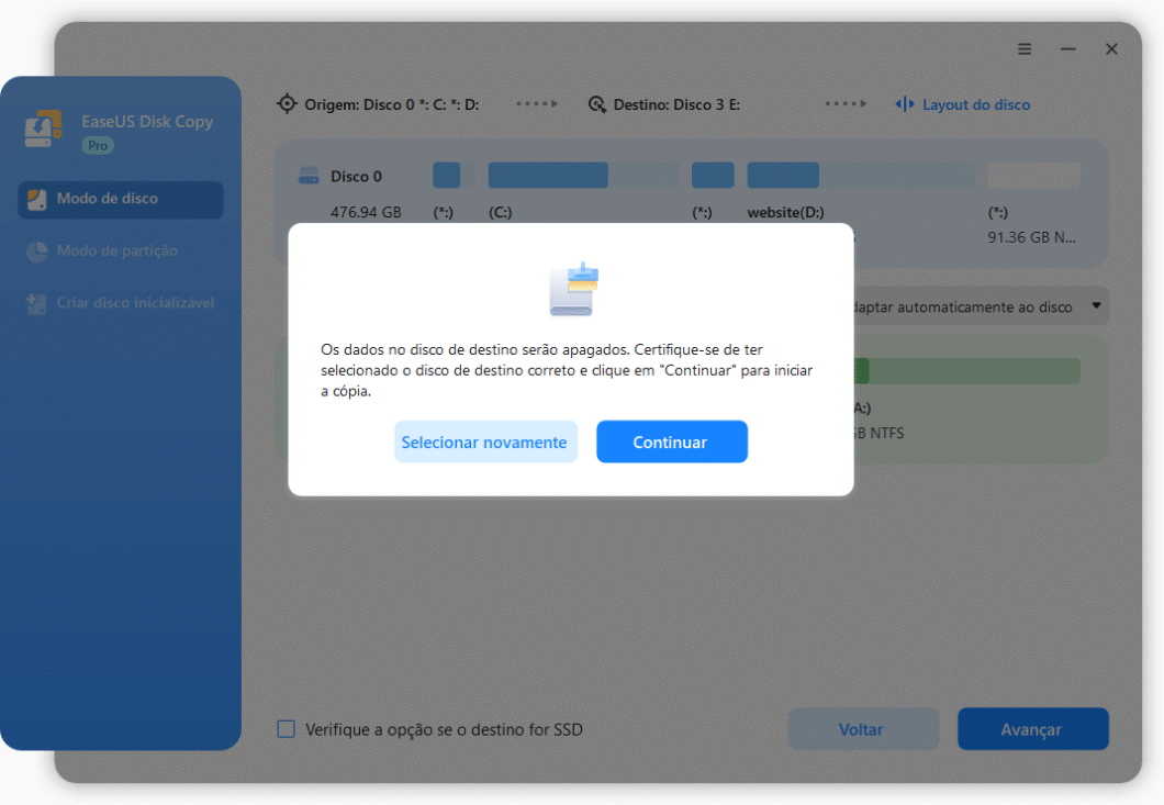 Iniciando o processo de clonagem do HD EaseUS Disk Copy