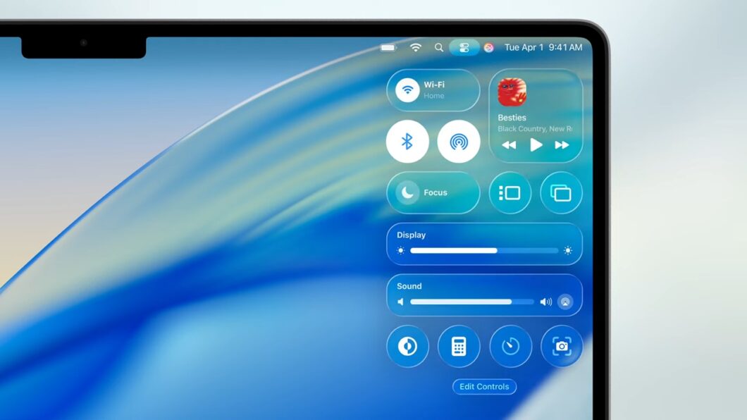 Elementos do macOS 26 com efeito Liquid Glass