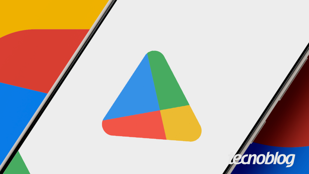Fundo com as cores do Google nas laterais, branco no centro e um smartphone exibindo o logo da Play Store